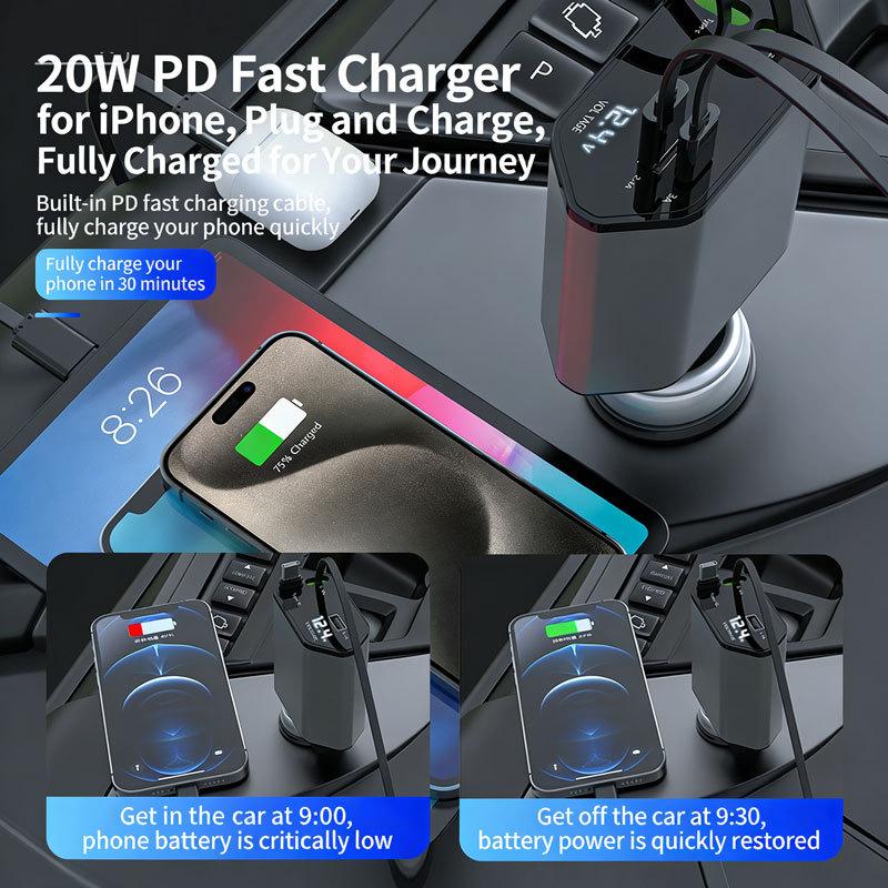 Car Charger USB Type C Adaptor 120W Fast Charge Retractable Charging Cable with Cords QC Adapter Car Charger For Iphone Android