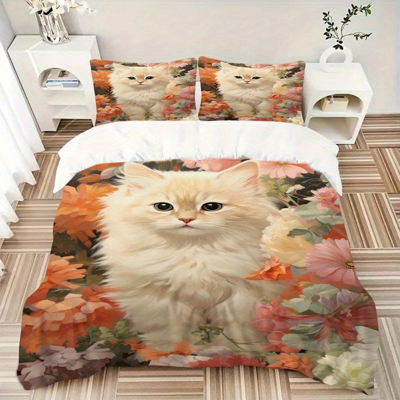 

3 шт. Комплект постельного белья с котятами и цветами, Пододеяльник и наволочки, Подходит для гостевой комнаты, домашнего декора, Все сезоны(Без вкладыша) S0819042 135x200cm