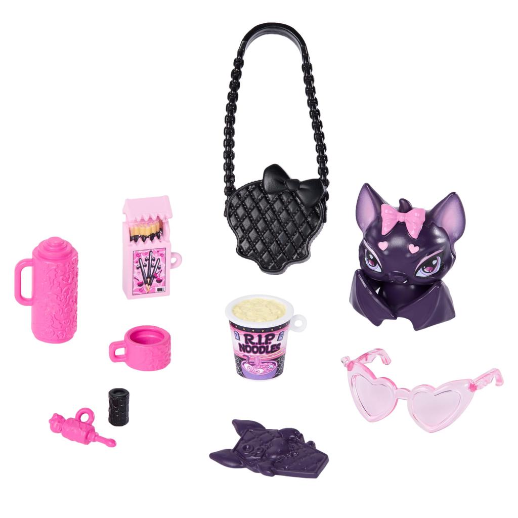 Monster High doll, Dracula ura in a pink bow dress, black cardigan with pet bat count, fabulous, ramen, lipstick, wallet and 7 other accessories,