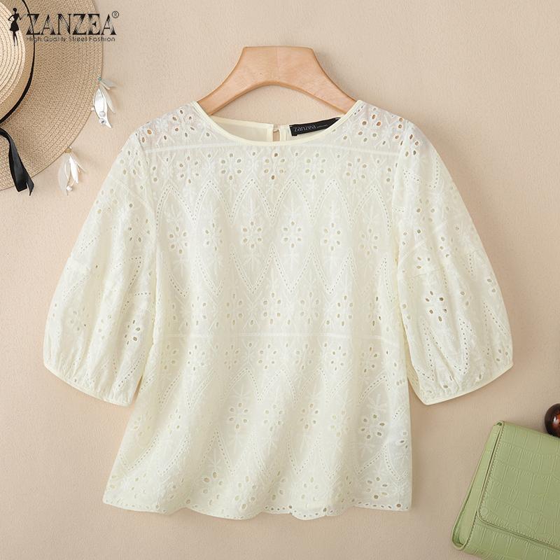 ZANZEA Women Casual Round Neck Short Sleeve Embroidery Crochet Patchwork Blouse