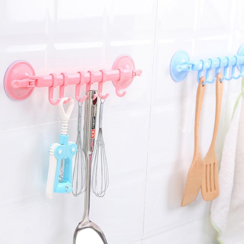 1 Pcs Random Colourful Fashion Towel Rack Suction Cup 6 Hooks Bathroom Kitchen Wall Door Holder KTY