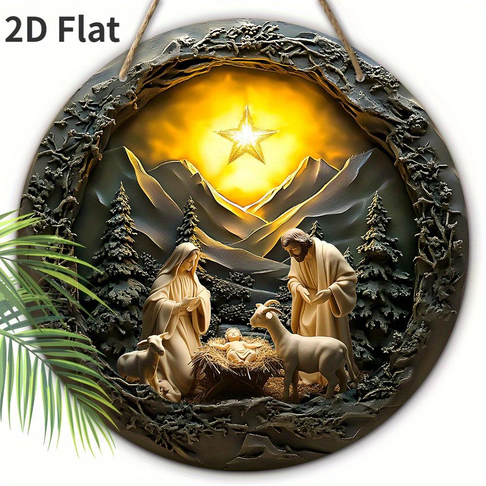 

5 шт. Деревянная рождественская сцена для подвешивания - 2D Рождение Спасителя с золотой звездой, горой и дизайном ягненка - праздничное настенное искусство для 5pcs