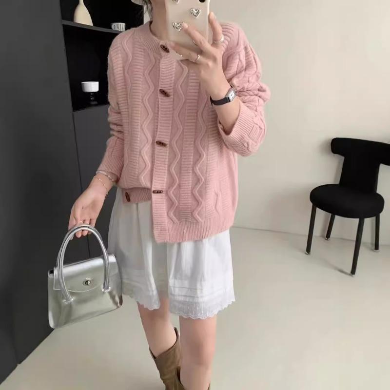 Eck Schnallen Design Pullover Jacke Damen Neu Locker und Lässig Zopfmuster Gestrickte Strickjacke Außenbekleidung