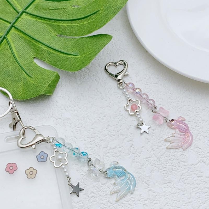 Goldfish Bead Charm Keychain with Star Bowknot Handmade Acrylic Keyring Pendant Fashion Accessory for Bags Backpacks