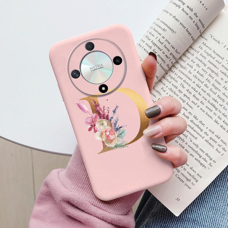 Buchstaben-Handyhülle für Honor X9b X9a Magic5 Lite Magic6 Lite 5G Hülle Retro-Blumen Rosa Schwarz Weiches TPU Initialen Silikon Fundas