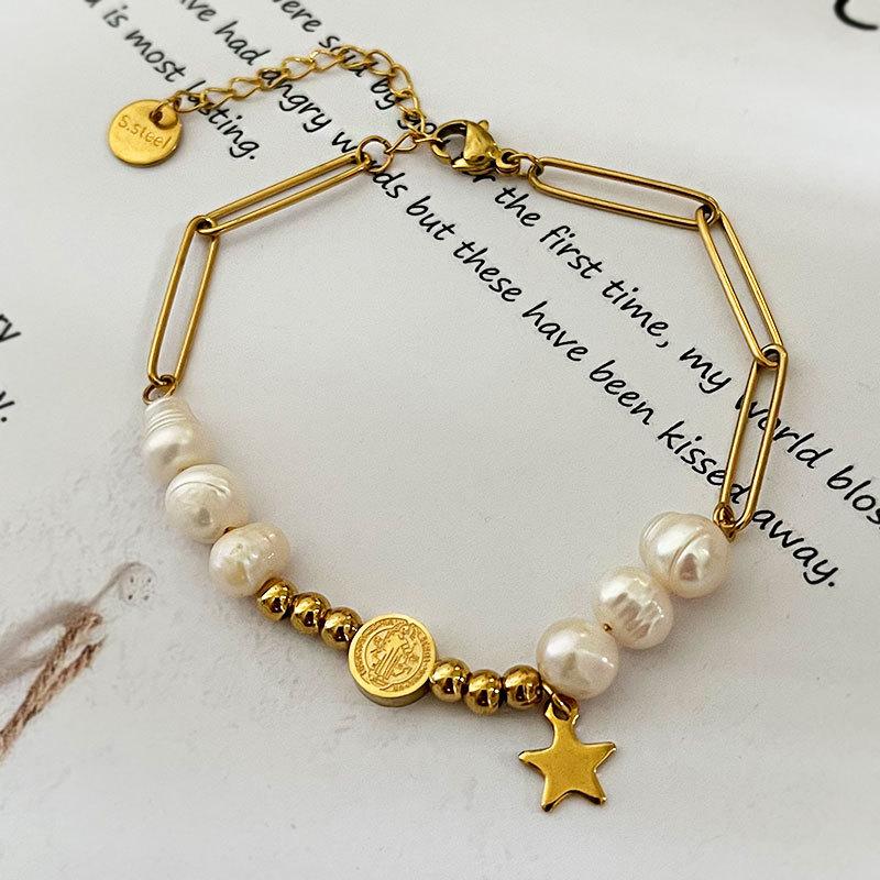 Fashion Light Luxury Versatile Commute Gold Plated Natural Pearl Five Star Titanium Steel Bracelet