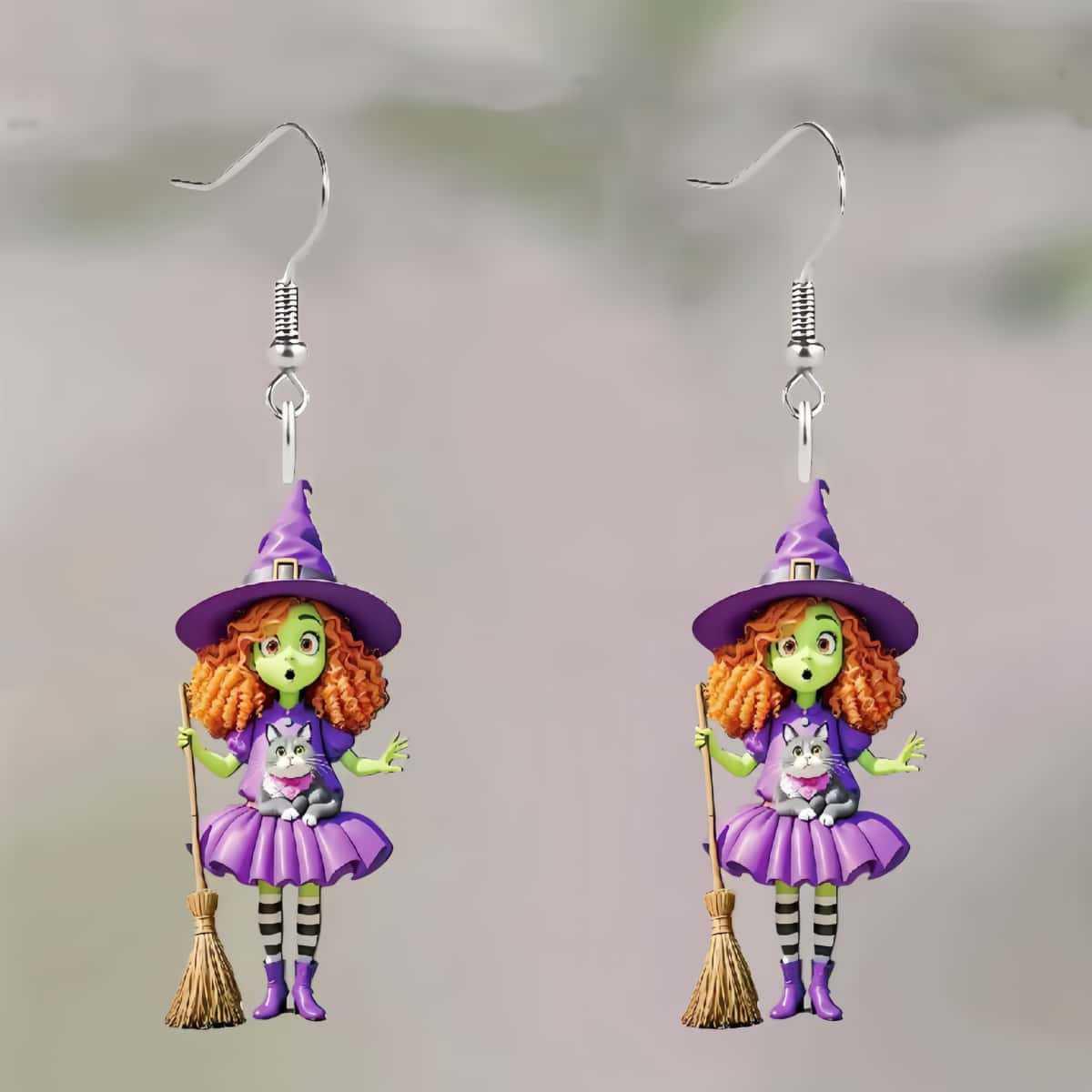 Cross-border new Halloween witch broom earrings flat acrylic creative personality cartoon witch witch earrings
