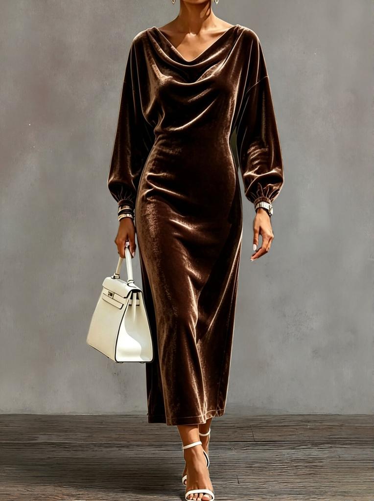 Autumn and Winter Women's Clothing, Fashionable New Velvet Lantern Sleeves Swing Neck Long-sleeved Split-ended Dress