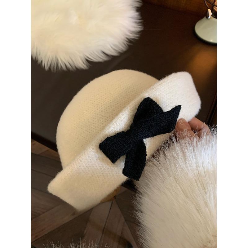 Bow Top Hat för Kvinnor Fransk Stil Retro Ull Ansiktsvisande Liten Varm Bucket Hat