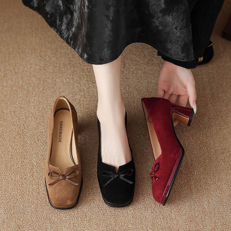 Krazing Pot Suede Round Toe Size 40 High Heels Slip On Platform Butterfly-knot Decoration Casual Autumn Shallow Pumps