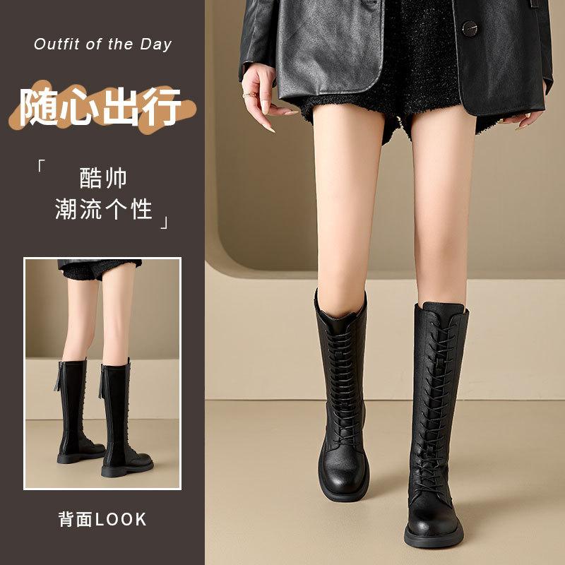 Fashion Versatile High Heel Knight Boots Large Size Black Skinny Martin Boots Women's thick-soled inner height increases but knee boots