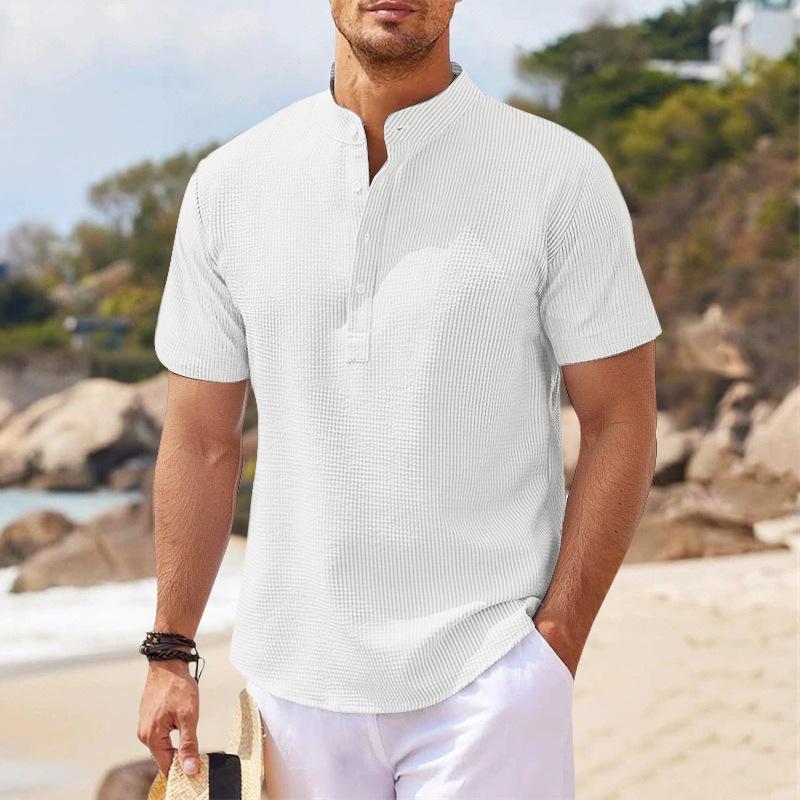 

Men Stand Collar Button Placket Waffle Texture Short Sleeve Casual Henley Shirt XS білий