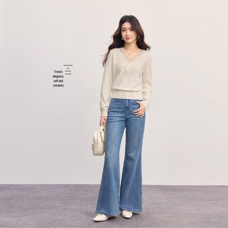 SLLSKY French Lace V-Neck Long Sleeve Knit Sweater