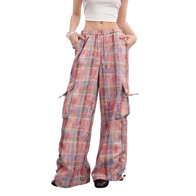 

UNIFREE Pink Plaid Distressed Two-Way Cargo Pants M