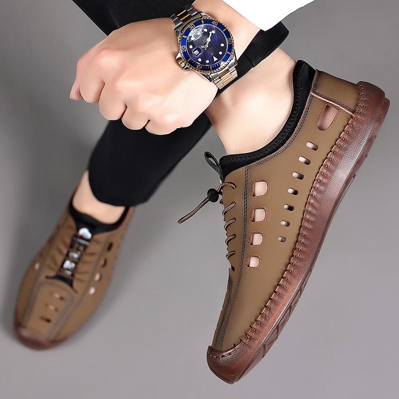 2025 summer cool leather shoes men's hollow sandals hand-stitched soft sole soft surface breathable casual hole shoes