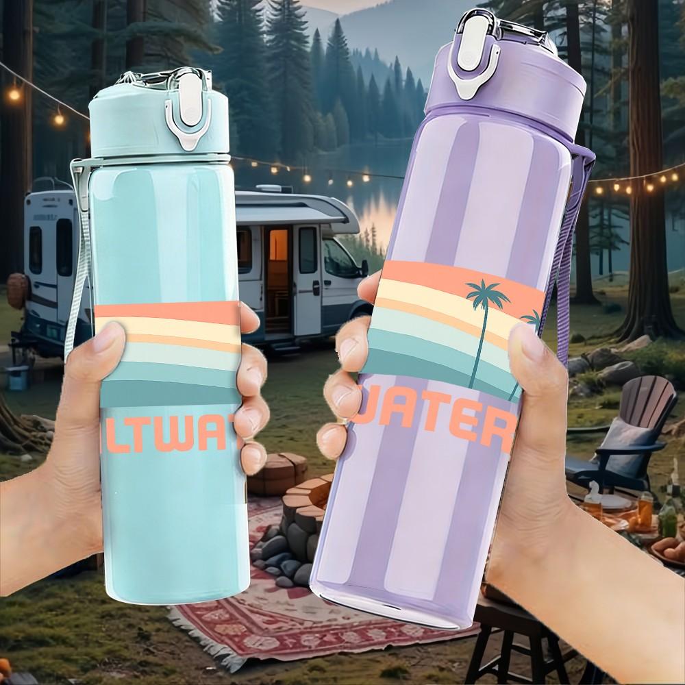 1PC Saltwater Soul Retro Beach Print 750ml Color Plastic Sports Water Bottle Leakproof Flip Straw Lid Suitable for Sports Office Home Use