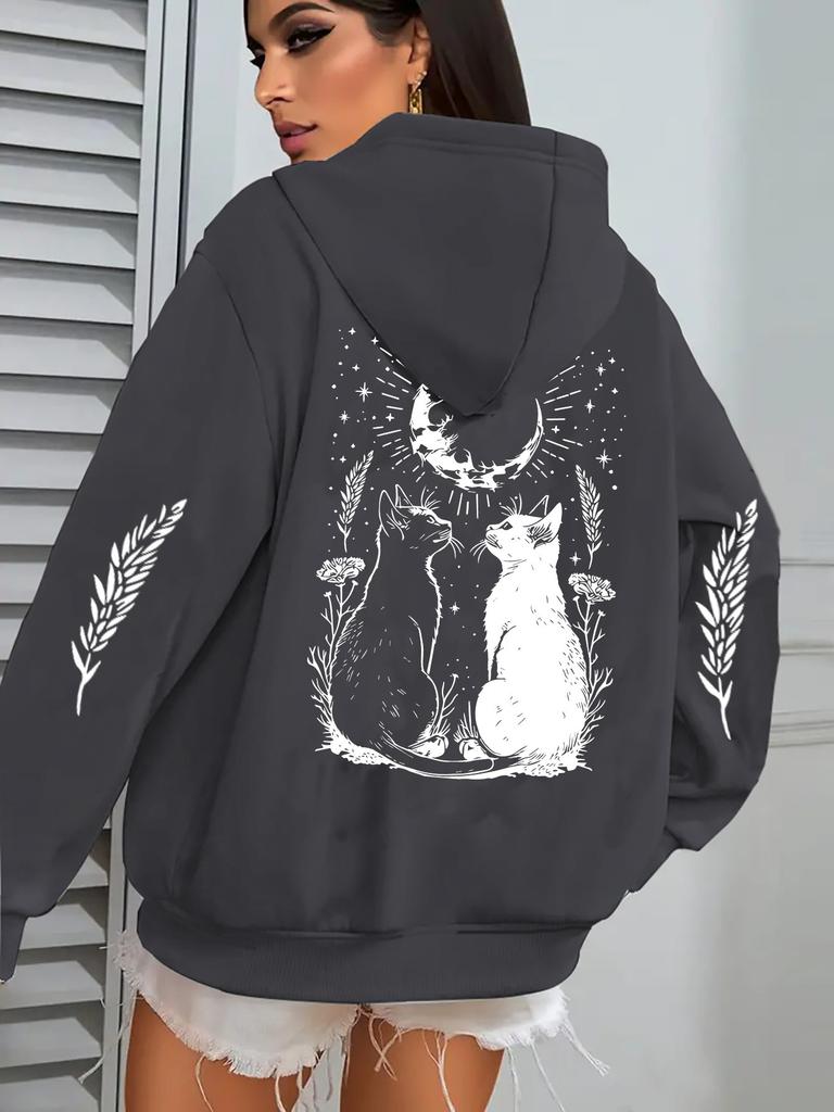 Women's Cat Printed Hooded - Comfortable Winter Sweatshirt, Mysterious Moon and Starry Sky Design, Machine-washable Autumn and Winter Casual Jacket