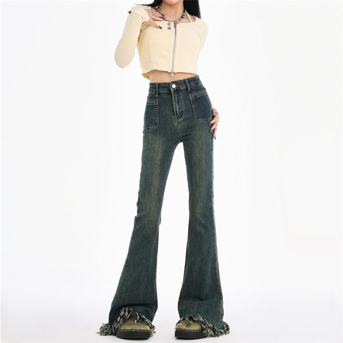 Retro Breasted High Waist Slim and Slightly Flared Jeans for Women's Spring New Style Floor-sleeved Horseshoe Pants