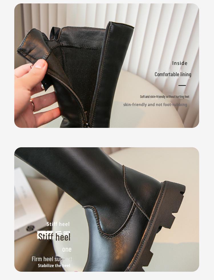 2024 Autumn/Winter New Style Girls Black Fashion Long Boots - Little Girl Bow Korean Version High Leather Boots