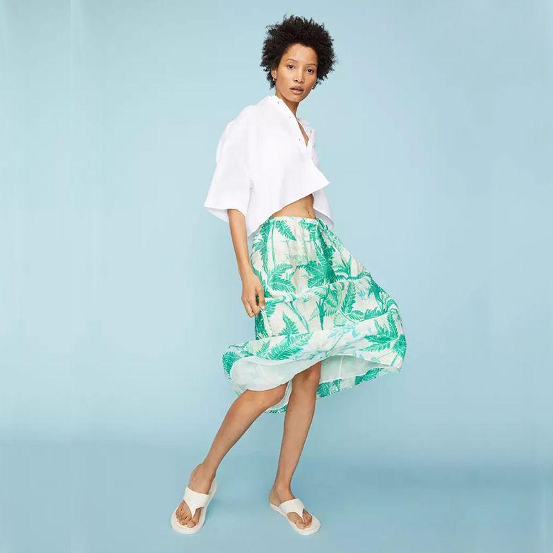 

Elastic and Drawstring Pendant Exquisite Non-Wrinkle Skirt A- Line Skirt Blue Print M