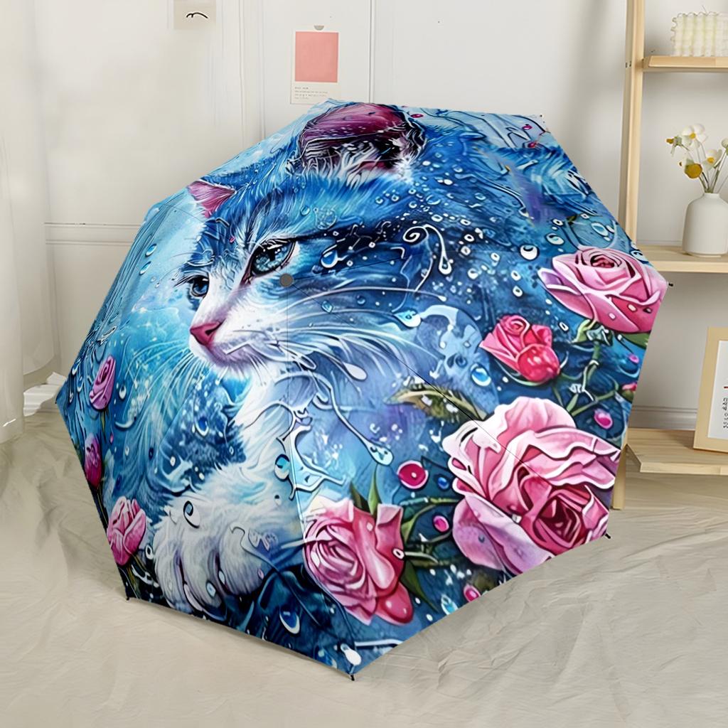 Waterfall Cat Roses Automatic Umbrella Folding Umbrella with 8 Ribs Foldable Design for Outdoor Daily Use Fashionable Accessory Stylish Gift Women