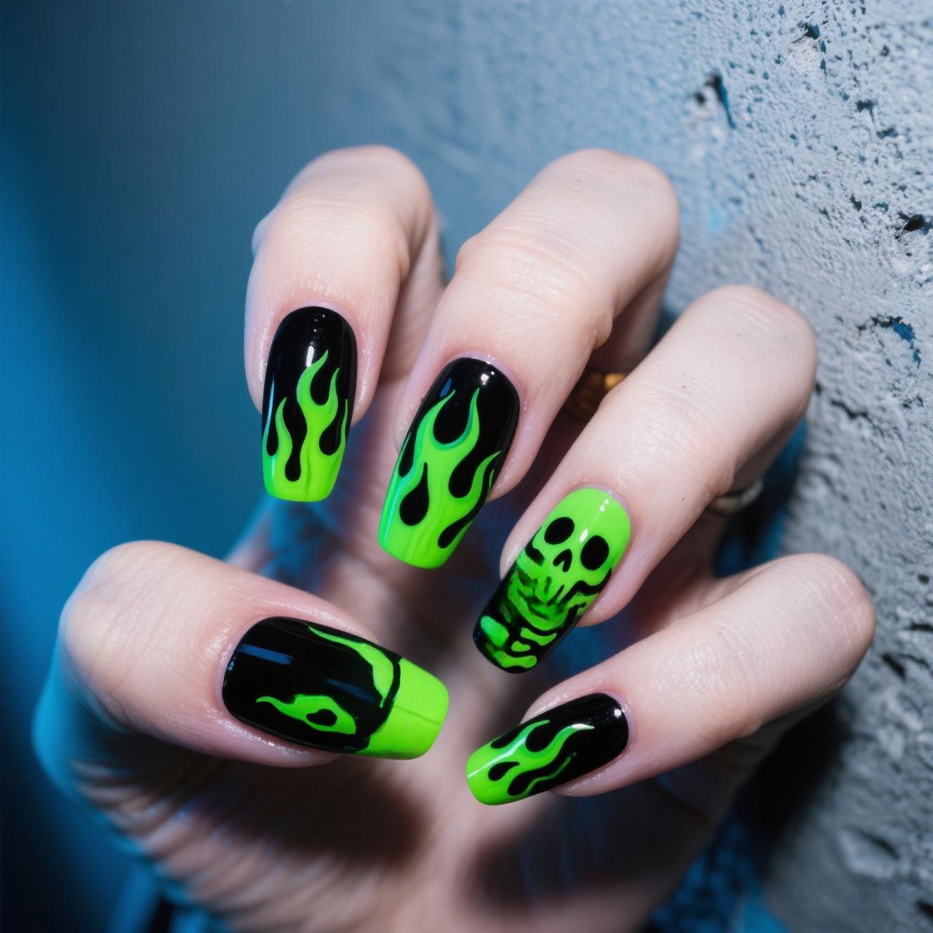Halloween Fluorescent Green Flame Skull Armor with Detachable Fake Nails for Nail Art