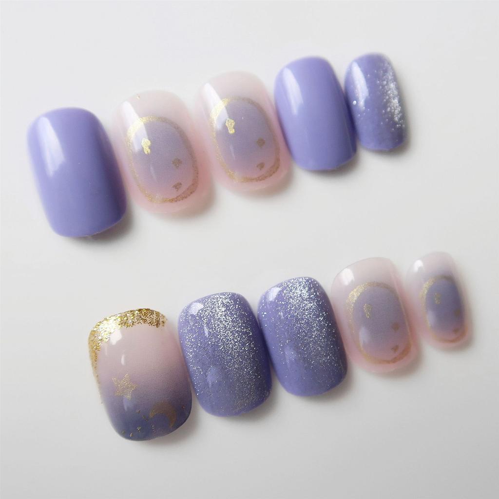 24Pcs Handmade Short Round Coffin Press On Nails Ocean Star Moon Blue Gradient Fake Nails With Glue