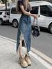 Plus Size High Waist Ripped Denim Midi Skirt - Summer Slimming A-line with Irregular Slit