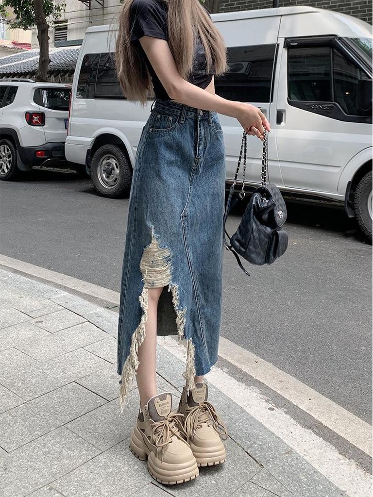 Plus Size High Waist Ripped Denim Midi Skirt - Summer Slimming A-line with Irregular Slit