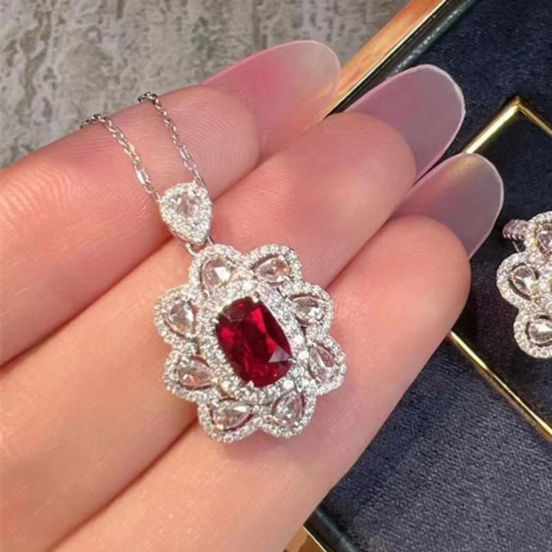 High Quality Classic Ruby Jewelry Sets Full Diamond Flowers Sparkling Red Earrings For Women Rings Wedding Engagement Necklace