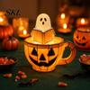 Ghost Themed Night Light Reading Book Lamp, Stained Glass Style Halloween Light, Resin Spooky Mood Lighting Pumpkin Bedside Lamp for Bedroom,