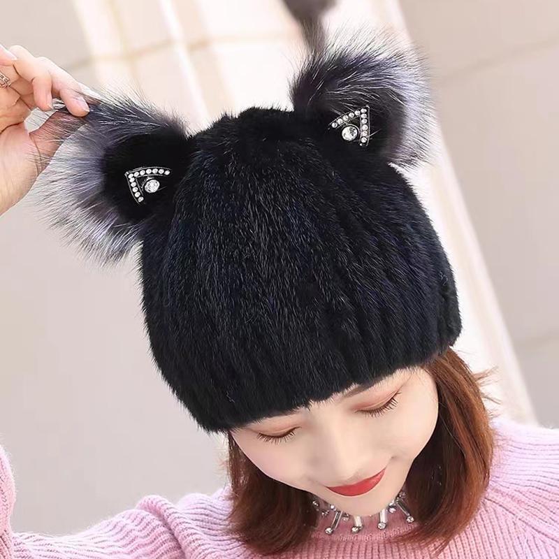 

Новая Зимняя Мода Милая Шапка с Кошачьими Ушками из Натурального Меха Норки Роскошные Теплые Шапки из Натурального Меха Норки Женские Толстые Шапки из Натурального Меха Норки Good elasticity чёрный