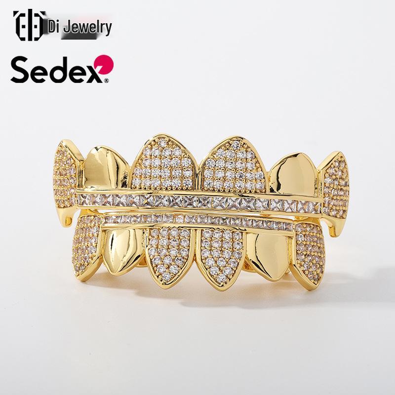 Hot Selling Halloween Hip Hop Grillz: Real Gold Plated Copper, Punk Zircon Paved, Big Gold Tooth Jewelry.