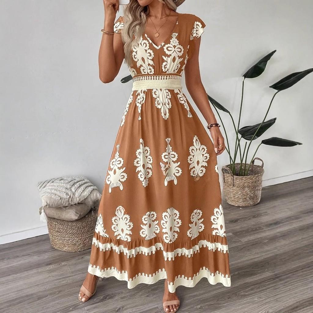 Polyester Beach Dress With 3d Print Vneck High Waist For Summer Vacation