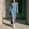 Women's Slim Fit Knit Midi Dress with Stand Collar and Long Sleeves