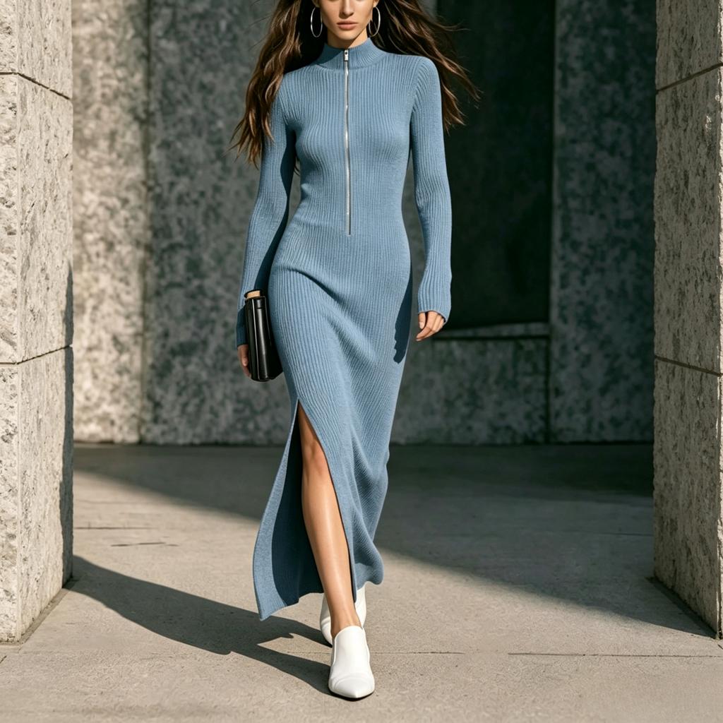 Women's Slim Fit Knit Midi Dress with Stand Collar and Long Sleeves
