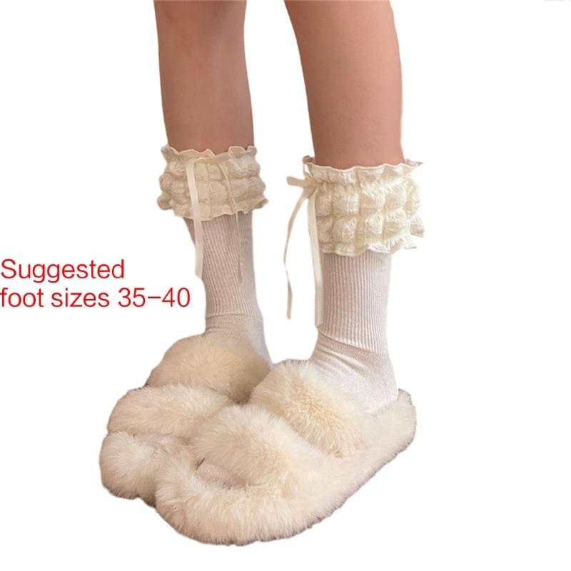 1 Pair Princess Style Dress Socks for Girls Sweet Frilly Socks Ballet Socks Ruffle Ankle Socks with Bows Lace Top Sock