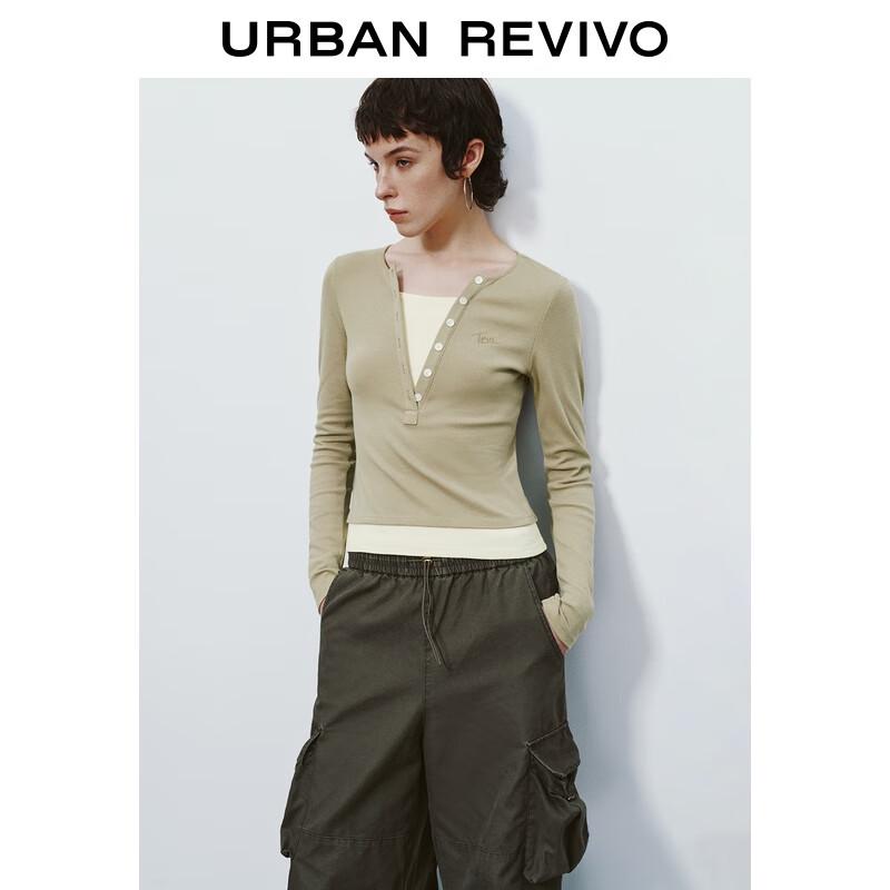 UR 2025 Women's Autumn Slim-Fit Faux Two-Piece Color-Block T-Shirt