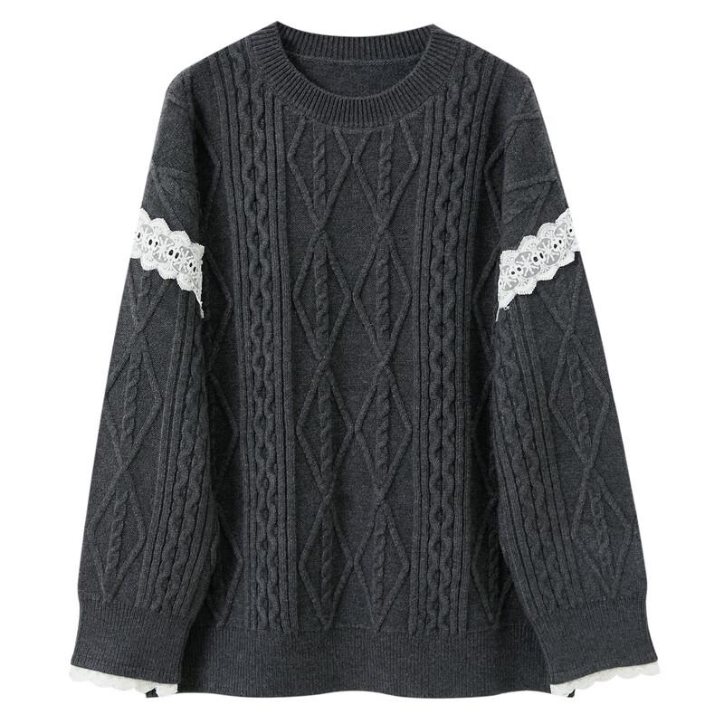Sancai 2025 Winter Round Neck Cable Knit Sweater with Lace Trim