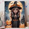 Pearl Painting DIY Kit Frameless Little Witch With Pumpkins Moon Bats Halloween Pattern Shiny Bead Art Canvas Creative Wall Decor Gift Idea