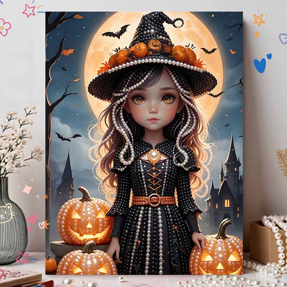 Pearl Painting DIY Kit Frameless Little Witch With Pumpkins Moon Bats Halloween Pattern Shiny Bead Art Canvas Creative Wall Decor Gift Idea