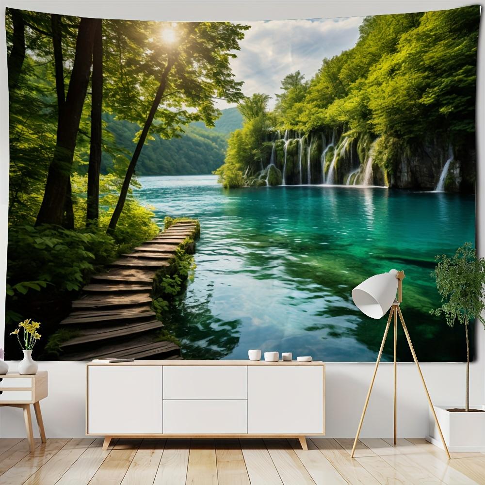 Breathtaking Forest Lake Tapestry - Vibrant Polyester Woven Wall Hanging with Scenic Nature Scene, Perfect for Bedroom and Livin