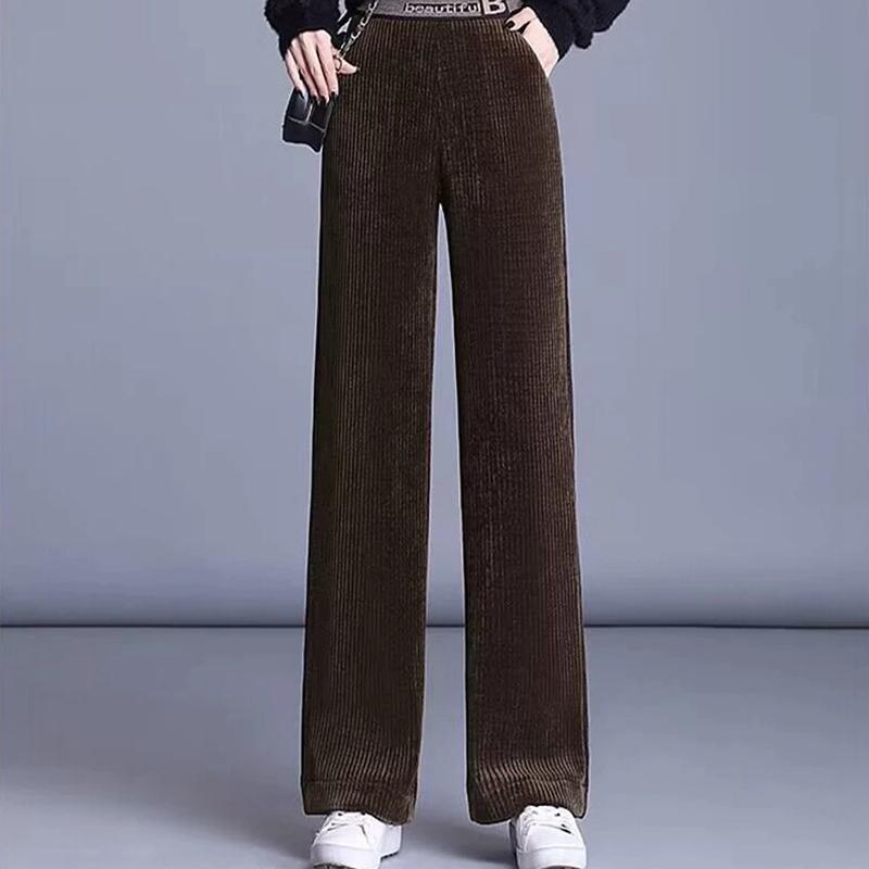 Fleecing Plush Thick Warm Letter Stripes High Waist Corduroy Straight OL Wide Leg Long Pant Women Winter Casual Trouser Clothing