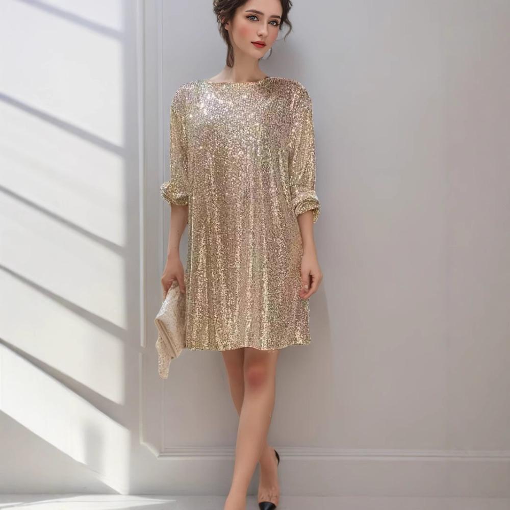 Women's Boat Neck Three Quarter Sleeve Mini Dress Loose Fit Solid Sparkly Sequin Party Club Dress With Waist Tie
