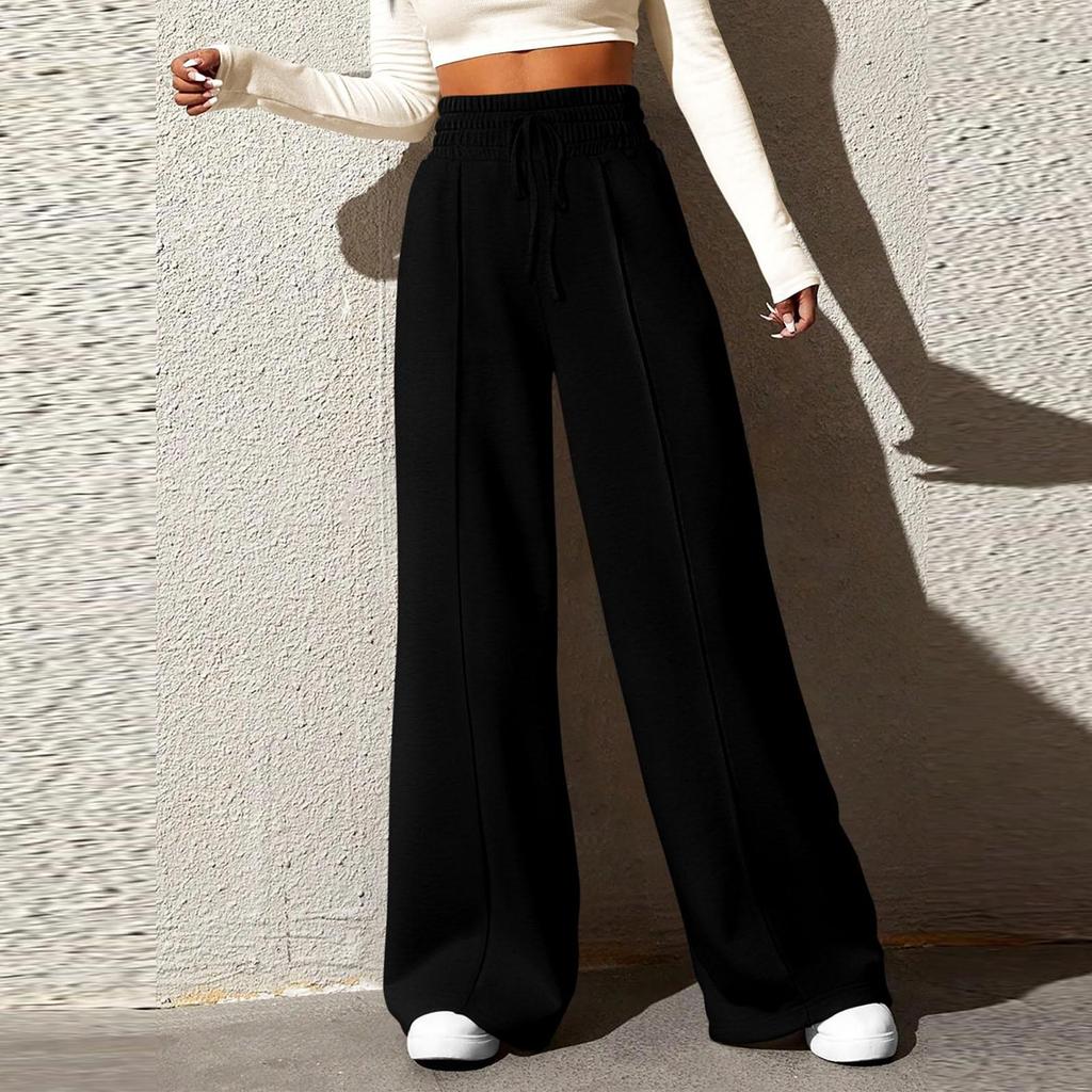 Women's Fashion Solid Colour Drawstring High Waist Wide Leg Pants Casual Sweatpants