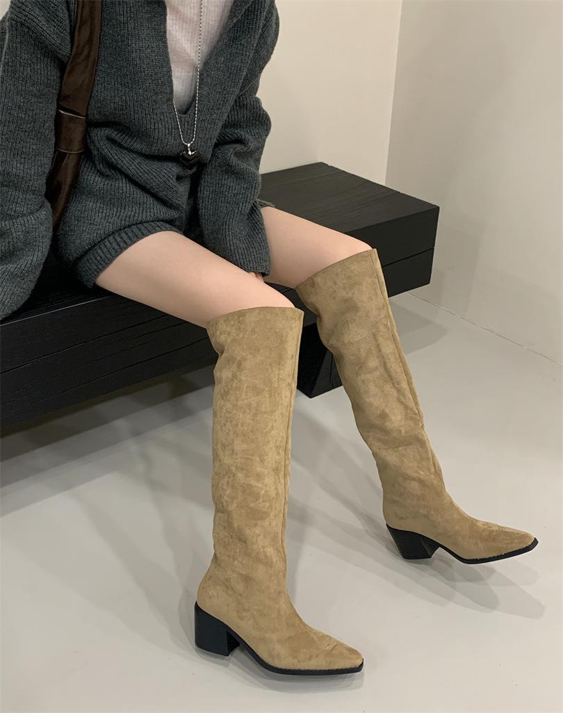 

Ботильоны-чулки на толстом каблуке с французским острым носком, женские ботинки 2025 осень-зима, новые ботинки с высоким голенищем 39 хаки