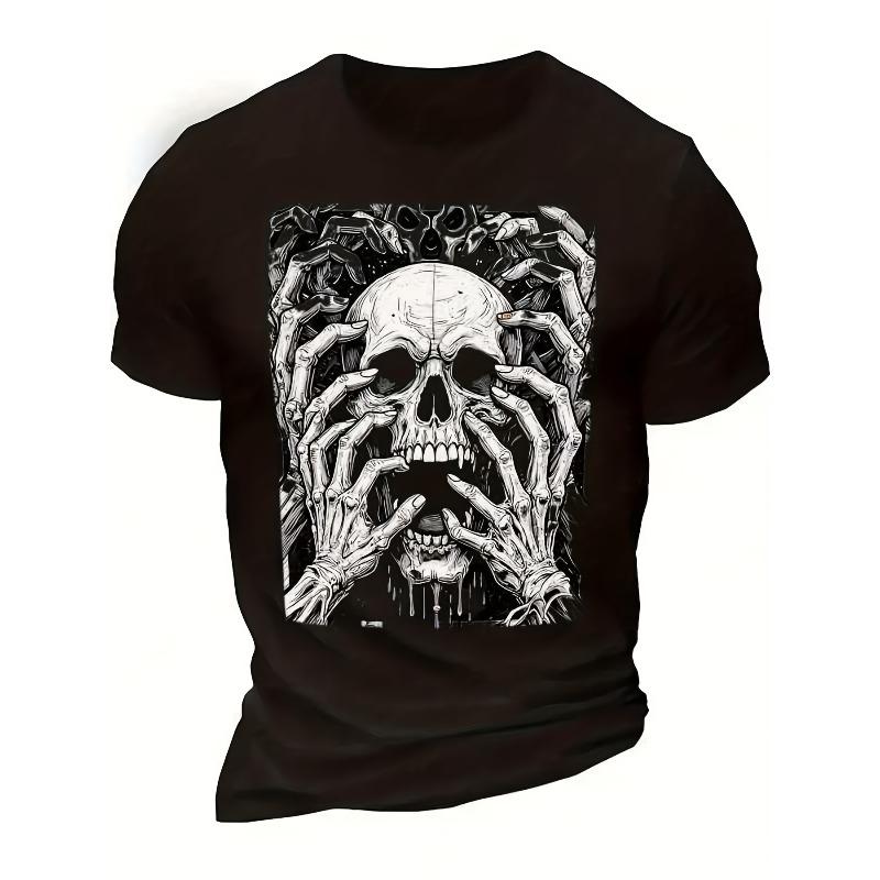 European Size Men s Creepy Skull with Skeleton Hand Print Crew Neck T-Shirt, Casual Black Short Sleeve Top S