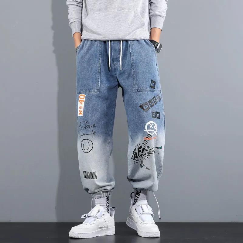 Spring Autumn Jeans Men's Letter Print Graffiti Harem Jeans Loose Cartoon Graffiti Drawstring Trousers Hip Hop Casual Streetwear Jogging Pants