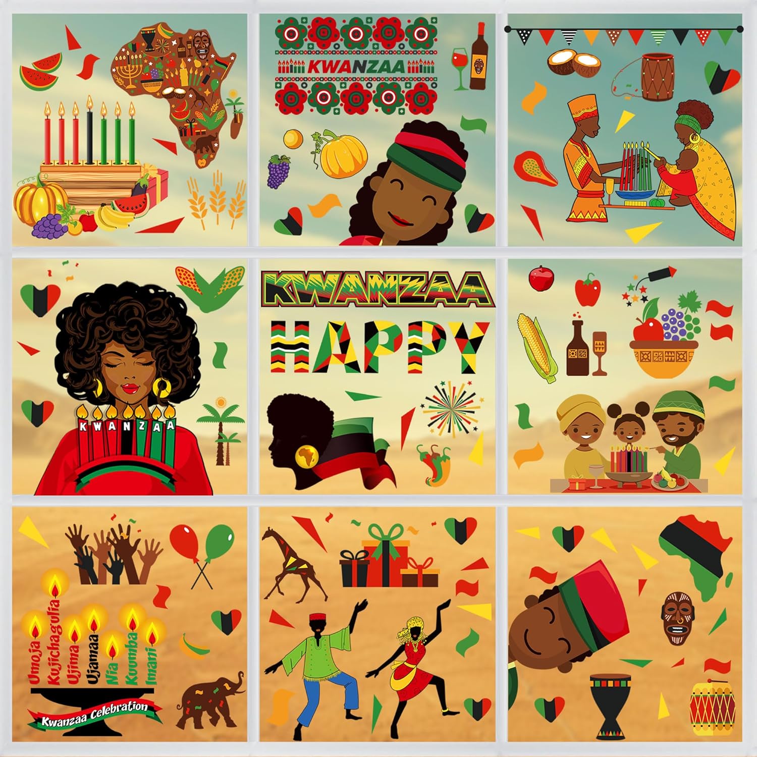 9 Sheets Kwanzaa Window Clings, n Kinara Window Stickers Window Decals for n n Festival Holiday Home School Office Decorations Kwanzaa Party Supplies Kwanzaa
