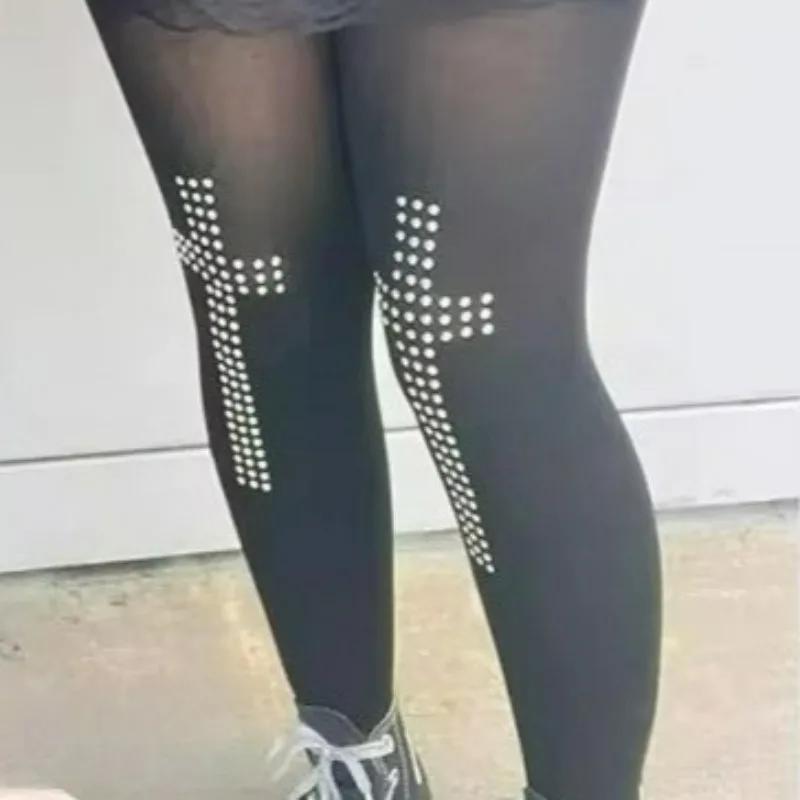 Retro Rhinestone Cross Hot Brick Stockings Women's 2000s Tight Pants Aesthetics Hip-hop Street Cosplay Emotional Y2K Socks
